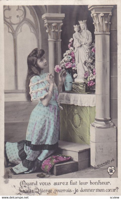 RP: Girl kneeled praying to Virgin Mary & Baby Jesus Statue in Church, PU-1907