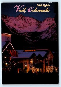 VAIL, Colorado CO ~ Night View CLOCK TOWER & GORSUCH 1997 ~ 4x6 Postcard