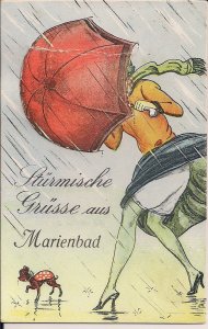 GRUSS AUS Marienbad Leporello, Germany 1938, Czech Republic, Sexy Woman Umbrella