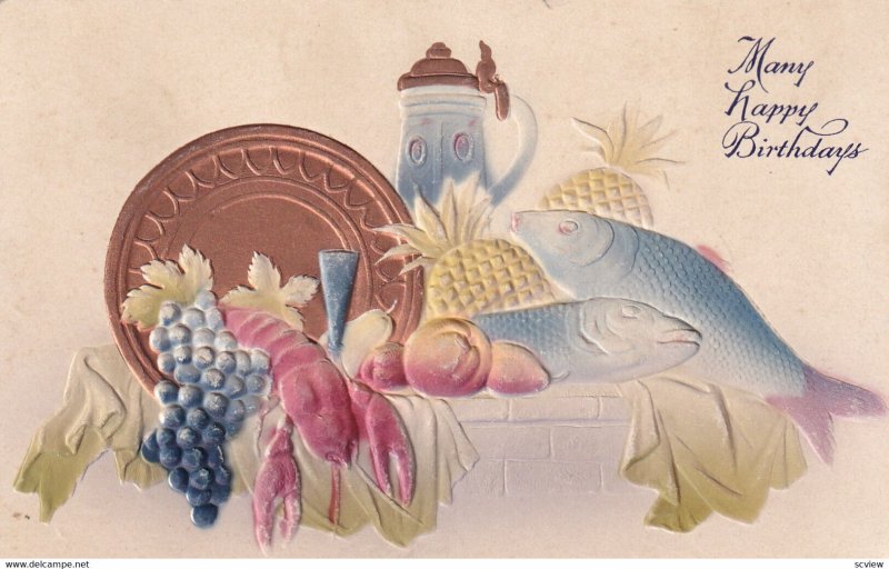 BIRTHDAY, PU-1911; Embossed, Fish, Lobster & Fruits, Gold Plate & Stein