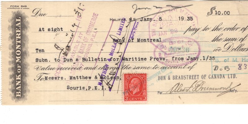 Bank  Montreal Cheque with Stamps 1935 Dun and Bradstreet, Check