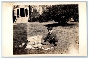 c1910's Boy In Uniform Picnic Food Chicken Hat View RPPC Unposted Postcard