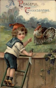 Thanksgiving Little Boy with Knife Lures Turkey c1910 Gel Postcard