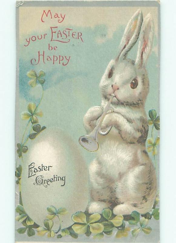 Pre-Linen Easter HUMANIZED BUNNY RABBIT PLAYING TRUMPET HORN AB3337