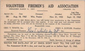 Postcard Volunteer Firemen's Aid Association Lebanon PA 1962