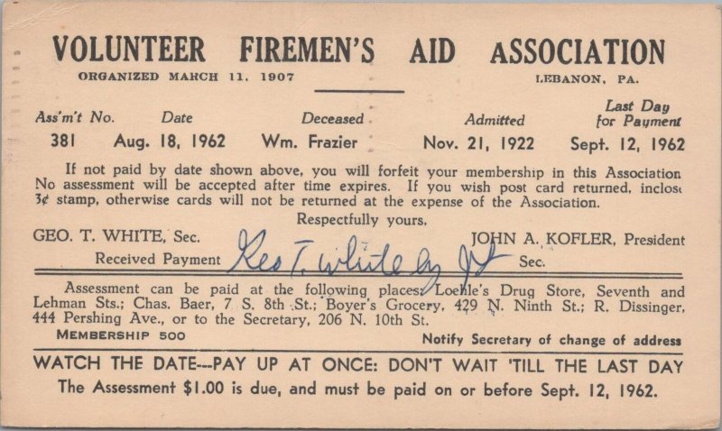 Postcard Volunteer Firemen's Aid Association Lebanon PA 1962