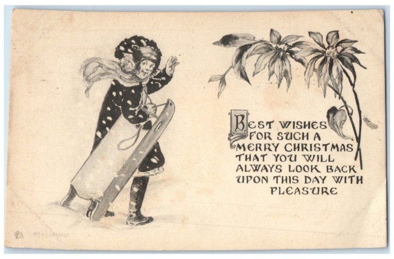 1913 Merry Christmas Girl In Winter Poinsettia Flowers Hudson NY Posted Postcard