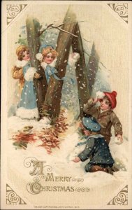 Winsch Christmas Children Snowball Fight c1910 Vintage Postcard