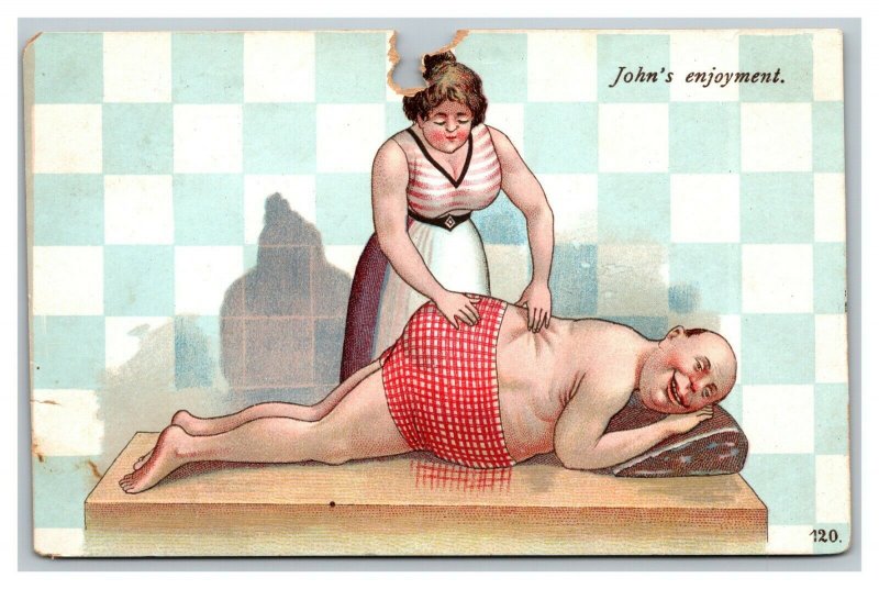 Vintage 1907 Comic Postcard Woman Massaging Fat Man - Funny