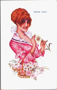 Art Nouveau Lady Xavier Sager Bonne Fete! Vintage Postcard 09.43
