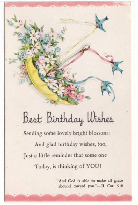Best Birthday Wishes, Flowers In Umbrella, Blue Birds, Ribbons, Antique Postcard