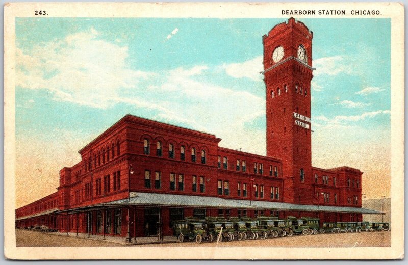 Dearborn Station Chicago Illinois IL Train Station Building Car Parking Postcard