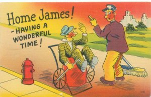 Drunk in a Wheeled Trash Can Home James!  Comic Postcard Unused