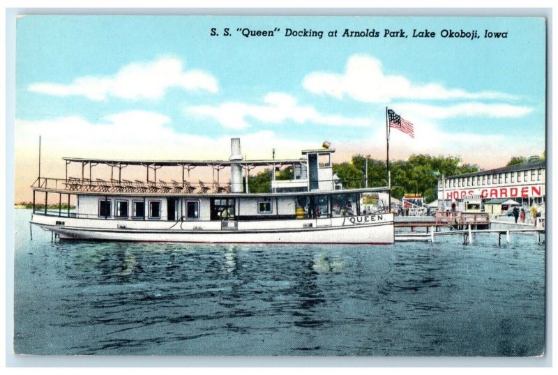 c1950's SS Steamer Queen Docking At Arnold's Park Lake Okoboji Iowa IA Postcard