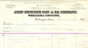 1896 Dubuque, Iowa John Mehlhop Letterhead Wholesale Receipt Invoice Coffee R2