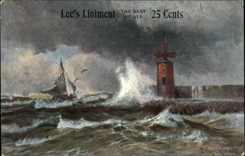 A/S Lee's Liniment Ad Boat on Stormy Seas Lighthouse c1910 Vintage Postcard