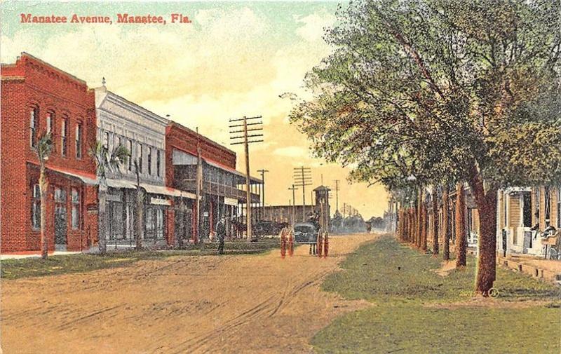 Manatee FL Dirt Street View Horse & Wagon Store Fronts Early Postcard