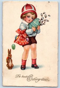 Germany Postcard Easter Child With Eggs And Pipe Berry Bunny Rabbit c1910's