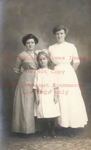 Studio Shot, RPPC, Two Women and a Young Girl in Dresses, Photo