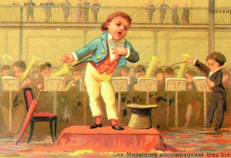 1880's Lovely Boy Singer Full Orchestra Bon Marche Paris Victorian Card F87