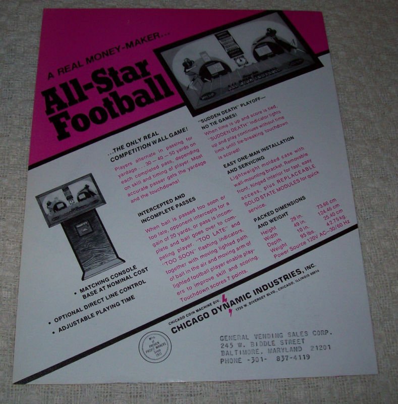 Vintage ALL STAR FOOTBALL Original NOS Arcade Game Wall Box Flyer Vintage Retro