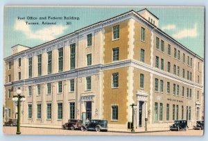 Tucson Arizona Postcard Post Office Federal Building Classic Cars 1940 Unposted