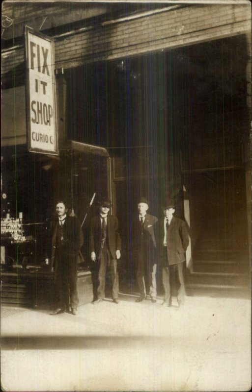 FIX IT SHOP Storefront & Men Des Moines IA Cancel c1910 Real Photo Postcard xst