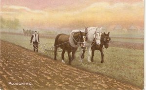 Horses . Ploughing Old vintage English postcard