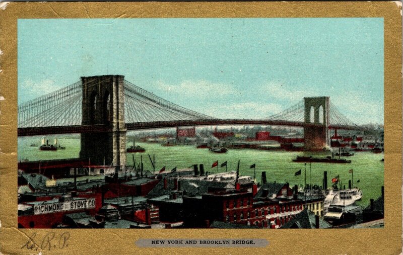 1906 Brooklyn Bridge New York City Ullmans Gold Border N.Y. Vintage Postcard 
