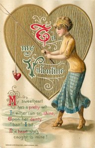 Embossed Winsch Schmucker Valentines Day Postcard Woman Fishes With Heart Lure