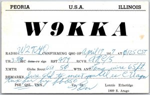 1957 QSL Radio Card Code W9KKS Peoria Illinois Amateur Station Posted Postcard