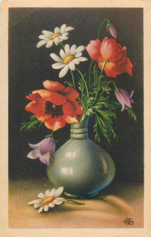 Poppies & daisies flowers vase fantasy postcard