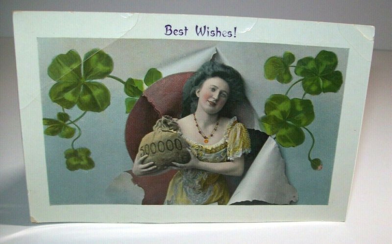 Saint Patrick's Day Postcard Women With Money Bag Original Unusual Gel Photo