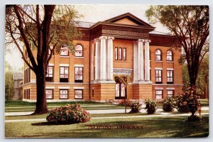 Moline Illinois~Beautiful Shrubs Across Carnegie Library~Rock Island Postcard