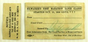 1930 Milwaukee 1st Dance Marathon Entrance Ticket w/ Tax Payment Slip F77