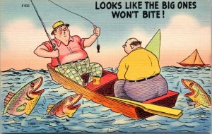 Postcard Comic Fat men fishing - looks like the big ones won't bite