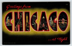 Greetings From Chicago Nighttime Illinois Large Letter Postcard Linen Curt Teich