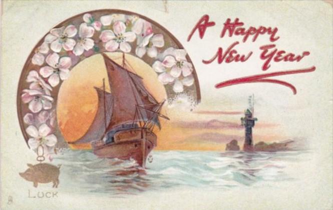 Tucks Sailboat Horseshoe & Gold Pig Happy New Year 1913 New Year Post Cards S...