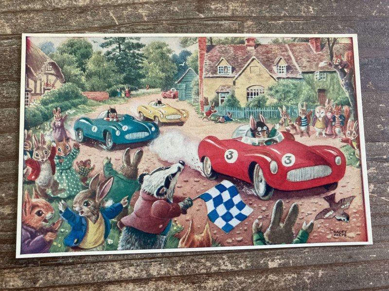 The Motor Race, Cars, Rabbits, 295, Racey Helps, Medici Society, Vtg Postcard 