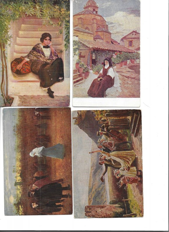 Portraits and scenes of ladies Lot of 4 old vintage Spanish, artist drawn, PC