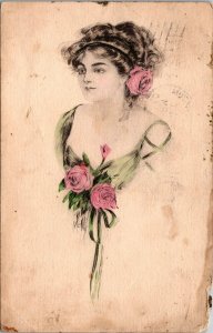 Woman with Flowers Vintage Illustrated Postcard PC115