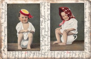 Children Comic Humor Boy and Girl Sitting on Potty Er Sie 1903 postcard C361