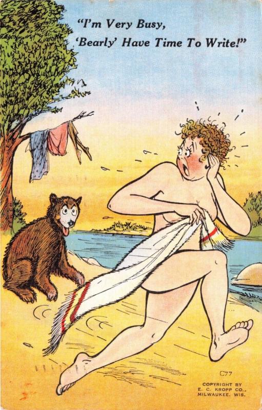 NAKED WOMAN RUNNING FROM BEAR~BEARLY TIME TO WRITE!  COMIC POSTCARD 1941