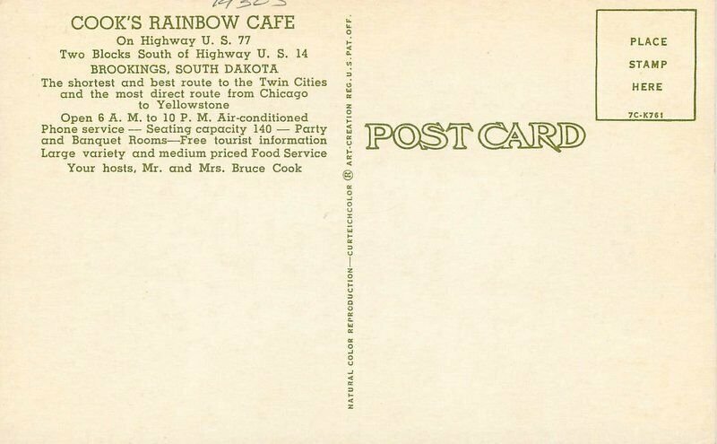 Brookings South Dakota Cooks Rainbow Cafe 1950s Teich roadside Postcard 21-14108