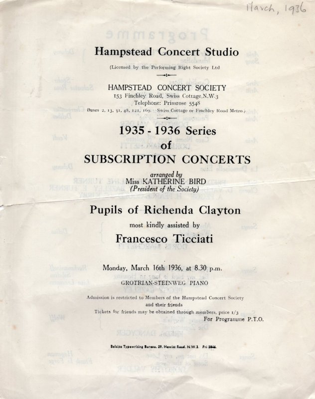 Francesco Ticciati Hampstead 1930s Programme Theatre Ephemera