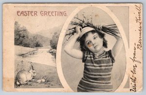 Easter Greeting, Rabbit, Rural Scene, Girl With Bouquet, Antique 1906 Postcard