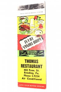 Thomas Restaurant Reading PA Chicken Burger 20 Front Strike Matchbook Cover