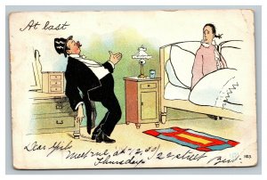 Vintage 1910's Comic Postcard - Drunk Husband Comes Home Late Woman in Bed Funny