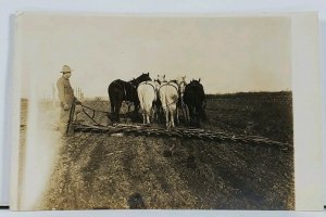 RPPC Farmer with Unique Handmade Horse Drawn Wooden Plow Real Photo Postcard L4