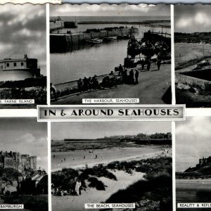 c1960s Seahouses, England RPPC Farne Lighthouse Harbour Castle Beach Bay A363